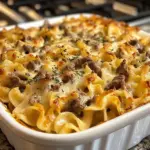 Sour Cream Beef Noodle Casserole served in a baking dish with cheese topping