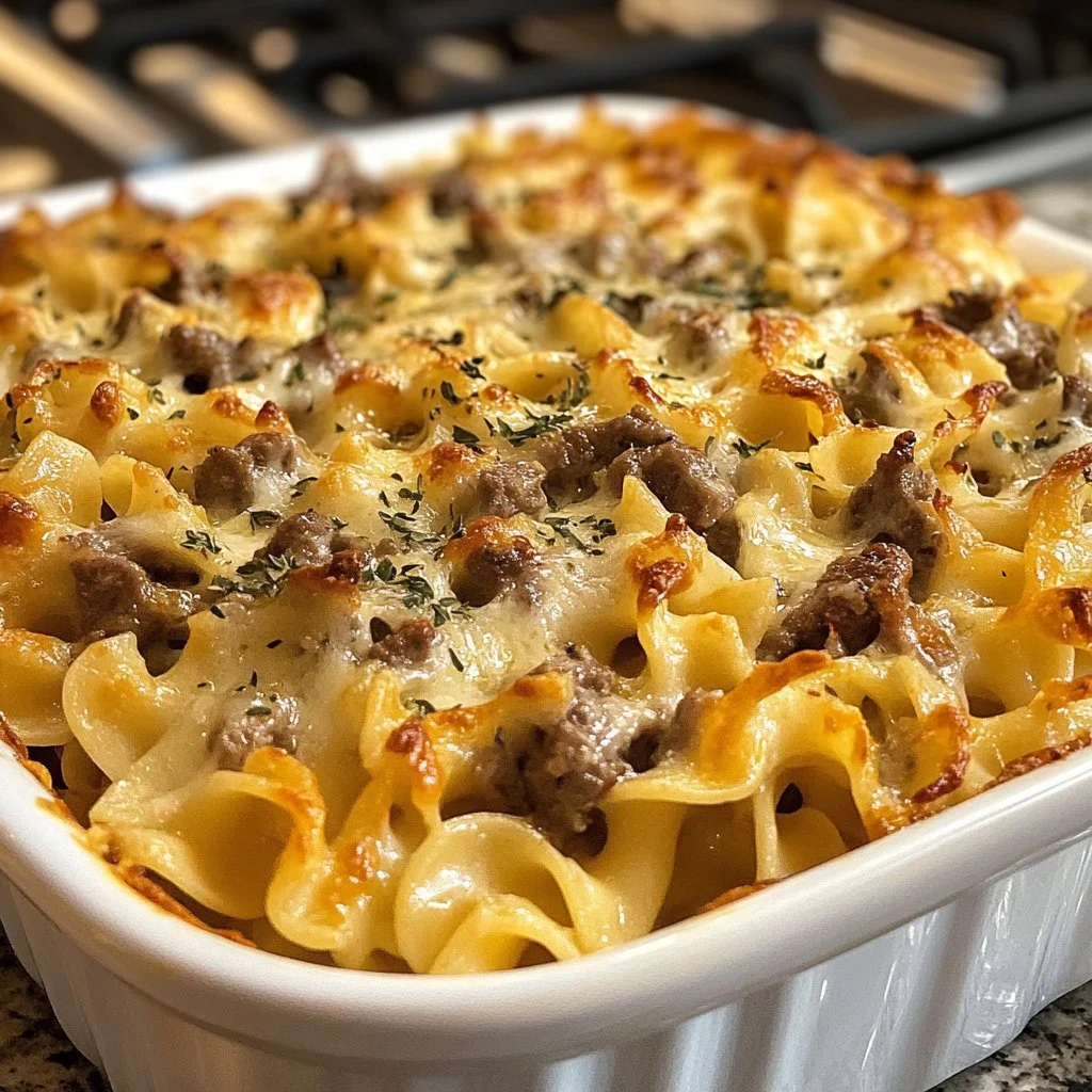 Sour Cream Beef Noodle Casserole served in a baking dish with cheese topping