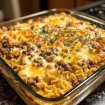 Sour Cream Beef Noodle Casserole topped with cheese and ready to serve