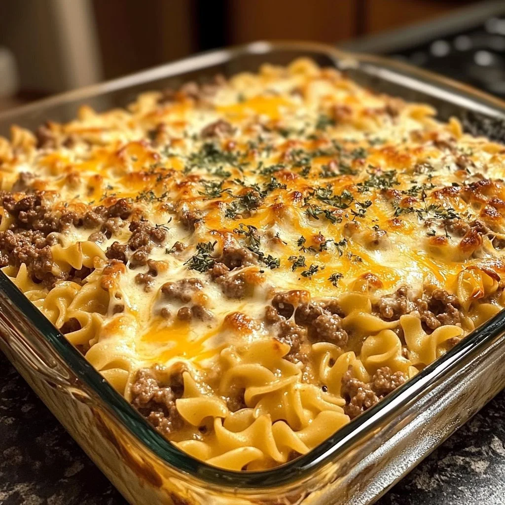 Sour Cream Beef Noodle Casserole topped with cheese and ready to serve