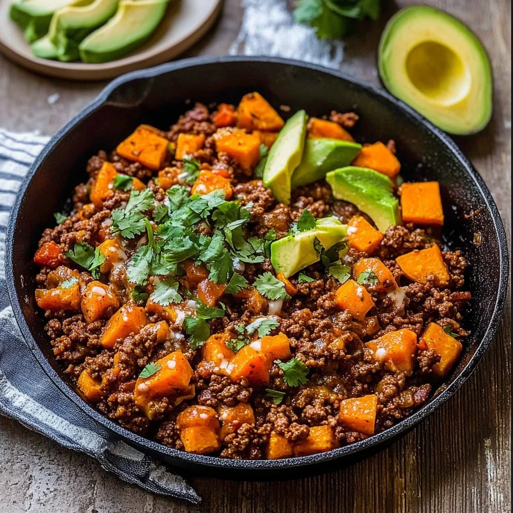 Southwest Ground Beef and Sweet Potato Skillet dish on a plate