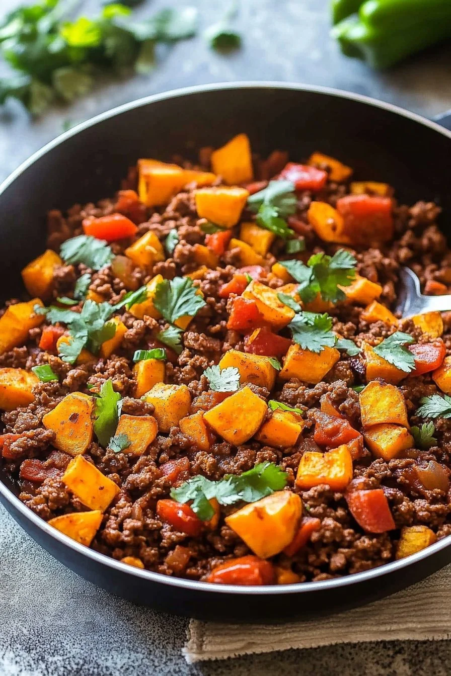 Southwest Ground Beef and Sweet Potato Skillet