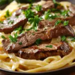 Delicious Steak Alfredo Spaghetti with creamy sauce and tender steak pieces.
