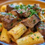 Delicious Steak Pasta served with herbs and vegetables