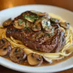 Delicious Steak Pasta with Creamy Garlic Sauce on a plate
