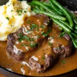 Delicious steak topped with rich gravy on a plate.