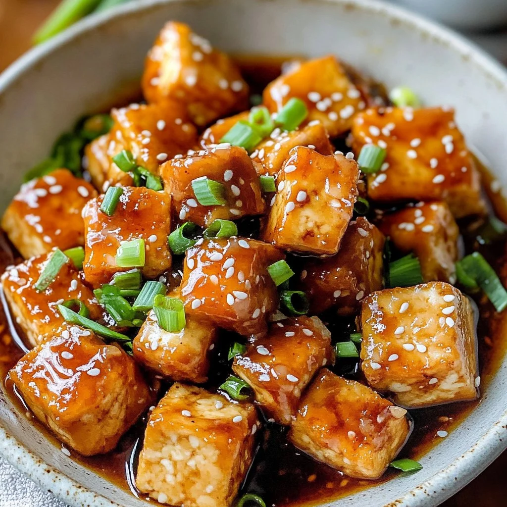 Crispy pan-fried Sticky Sesame Tofu garnished with sesame seeds and green onions