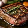 Delicious strip steak drizzled with garlic and herb cream sauce on a plate