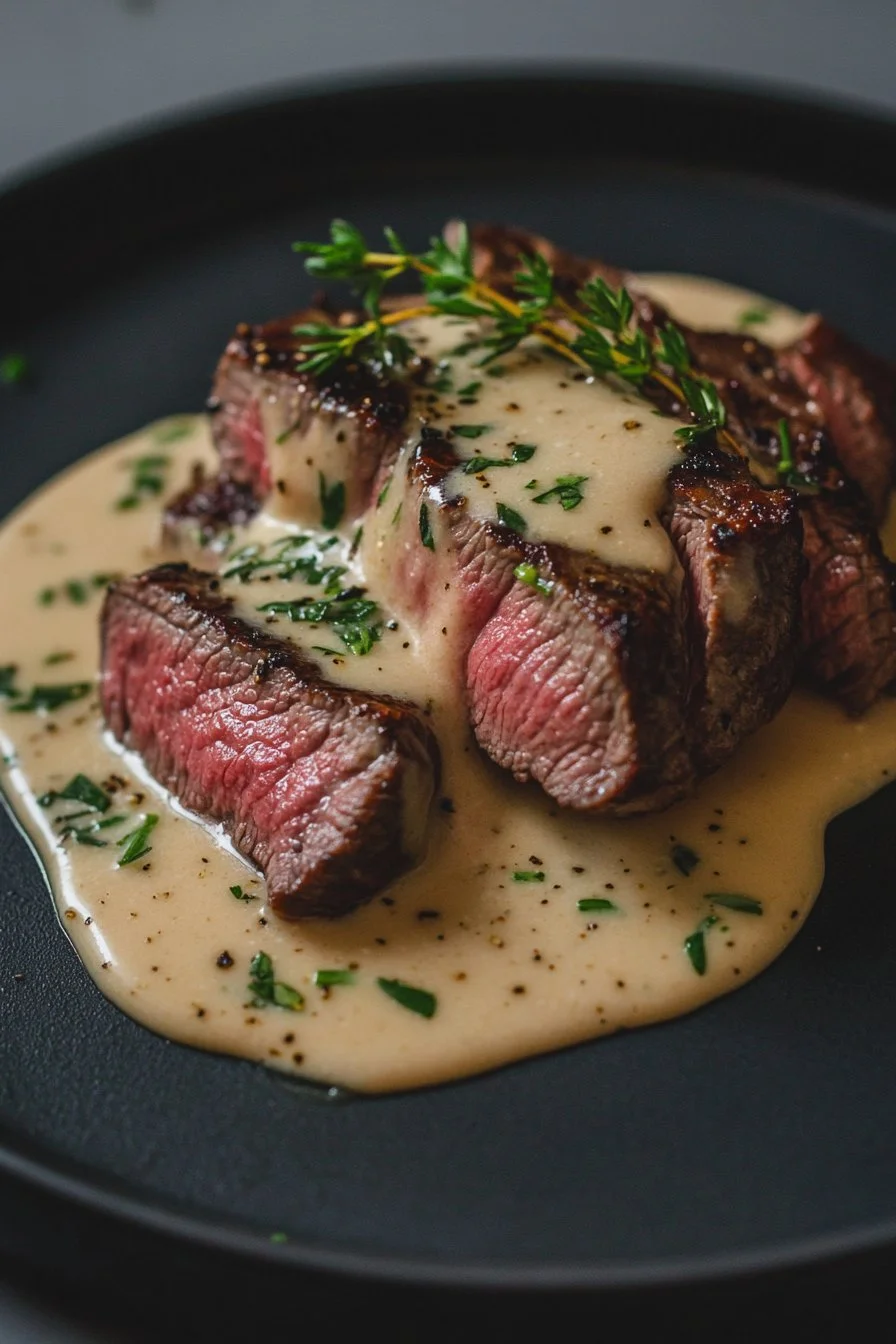 Strip Steak with Garlic & Herb Cream Sauce