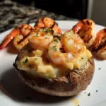 Stuffed baked potato topped with shrimp and creamy garlic sauce on a plate