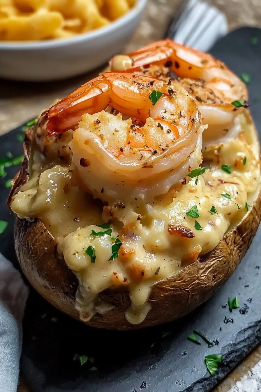 Stuffed Baked Potato with Shrimp and Creamy Garlic Sauce