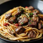 Sweet and Spicy Garlic Steak Pasta dish with vibrant colors and garnished herbs