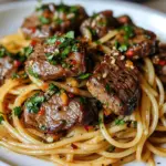Delicious sweet and spicy garlic steak pasta garnished with herbs