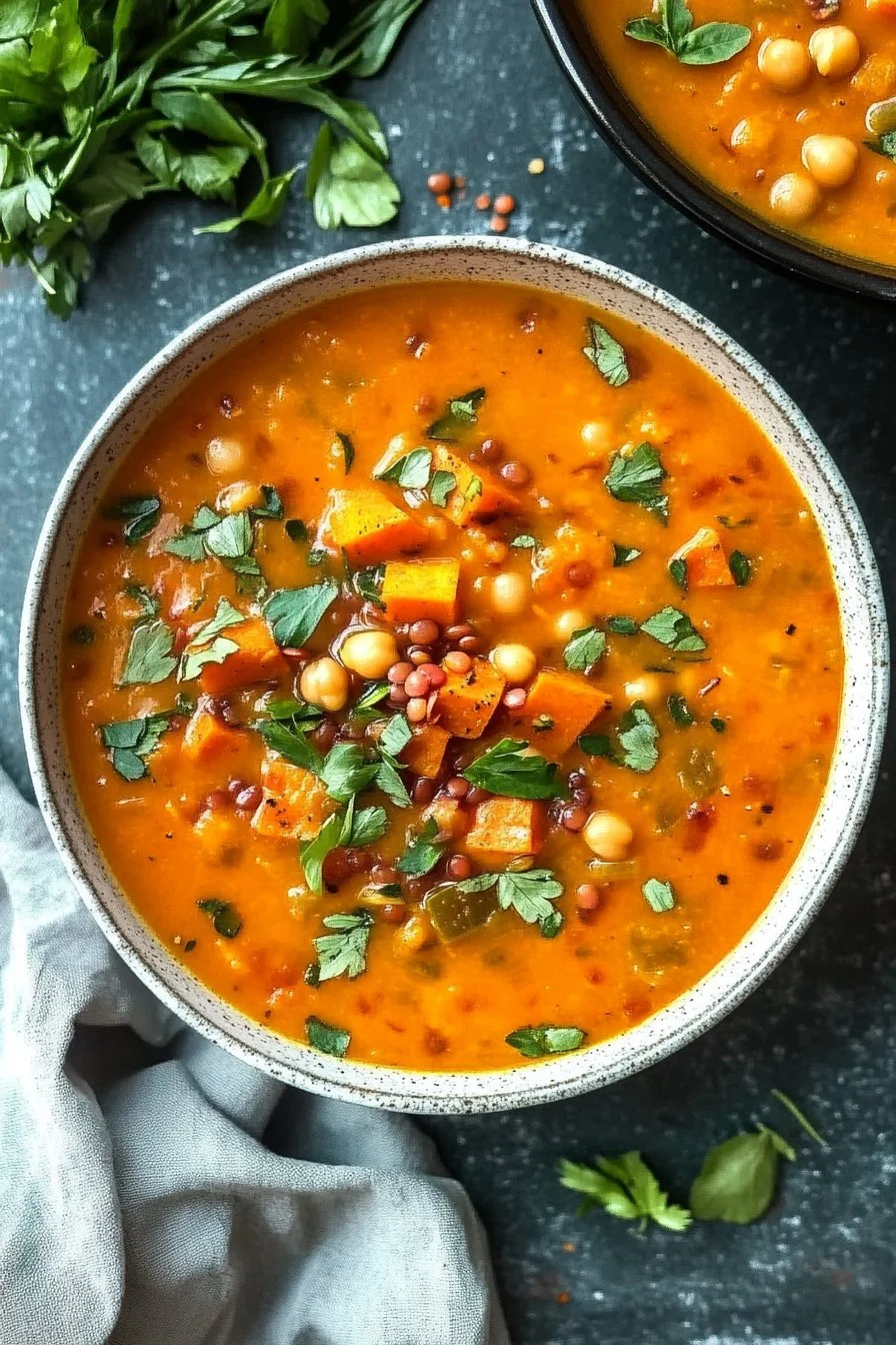 Sweet Potato, Chickpea and Red Lentil Soup