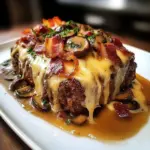 Delicious Swiss bacon mushroom meatloaf garnished and served on a plate.