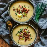 Bowl of delicious creamy potato soup garnished with herbs.