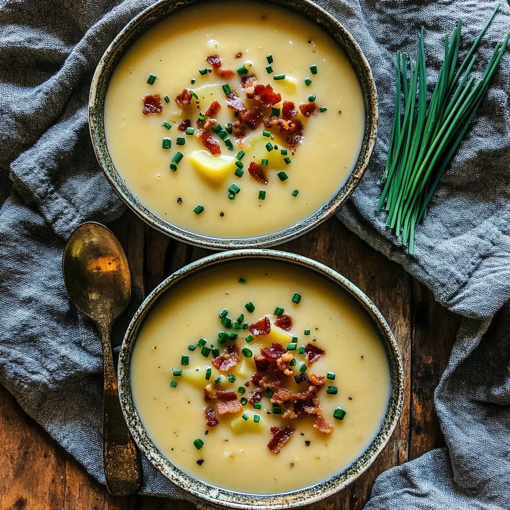 Bowl of delicious creamy potato soup garnished with herbs.