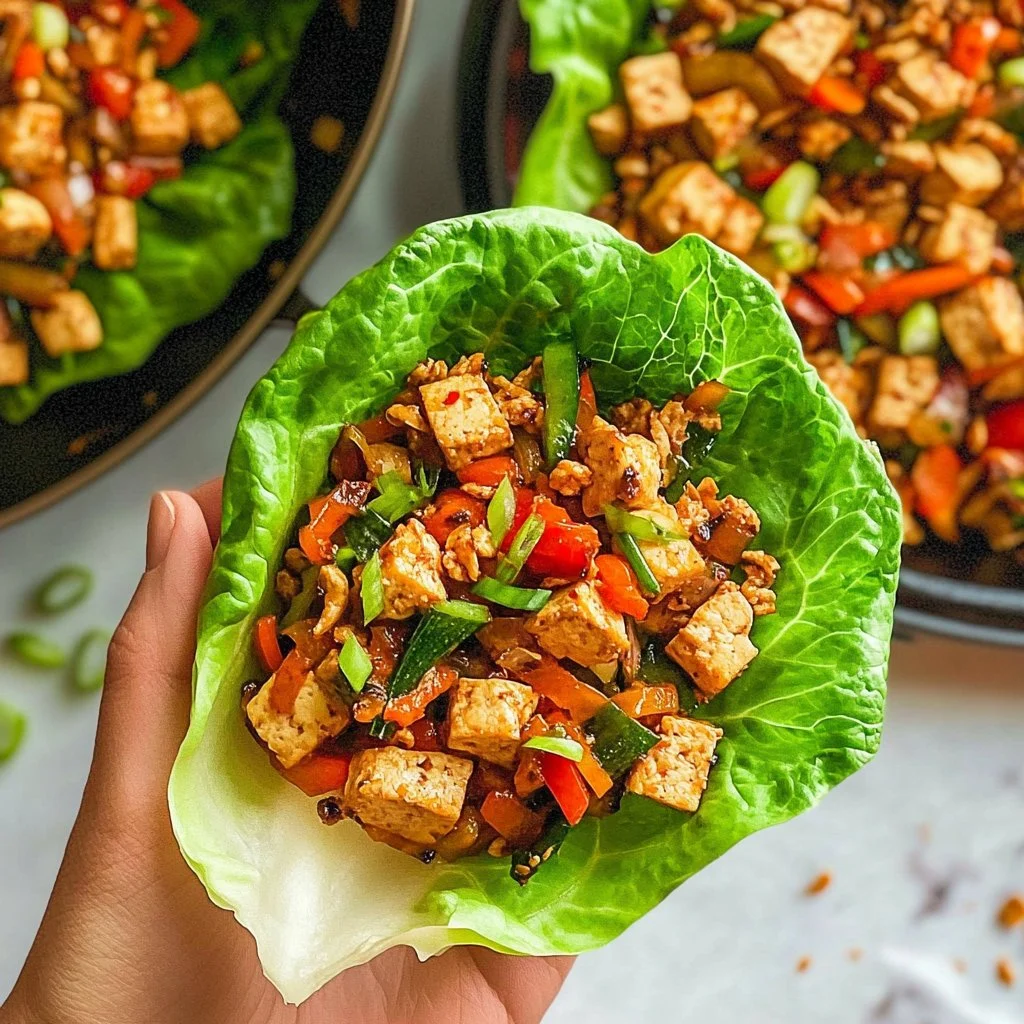 Healthy tofu lettuce wraps filled with fresh veggies and savory sauce