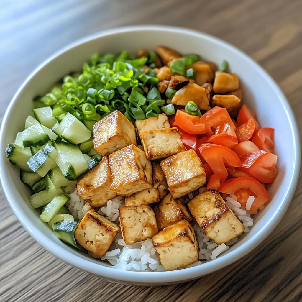 Healthy tofu rice bowl with vegetables and garnishes