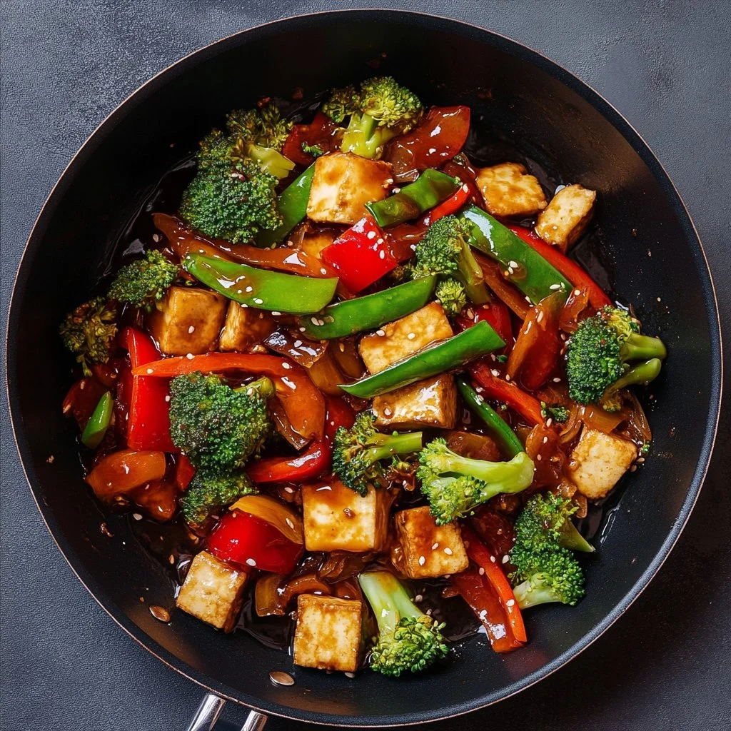 Colorful tofu veggie stir fry with fresh vegetables in a skillet