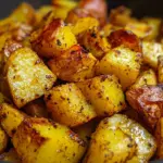 Crispy turmeric roasted potatoes garnished with herbs and spices.