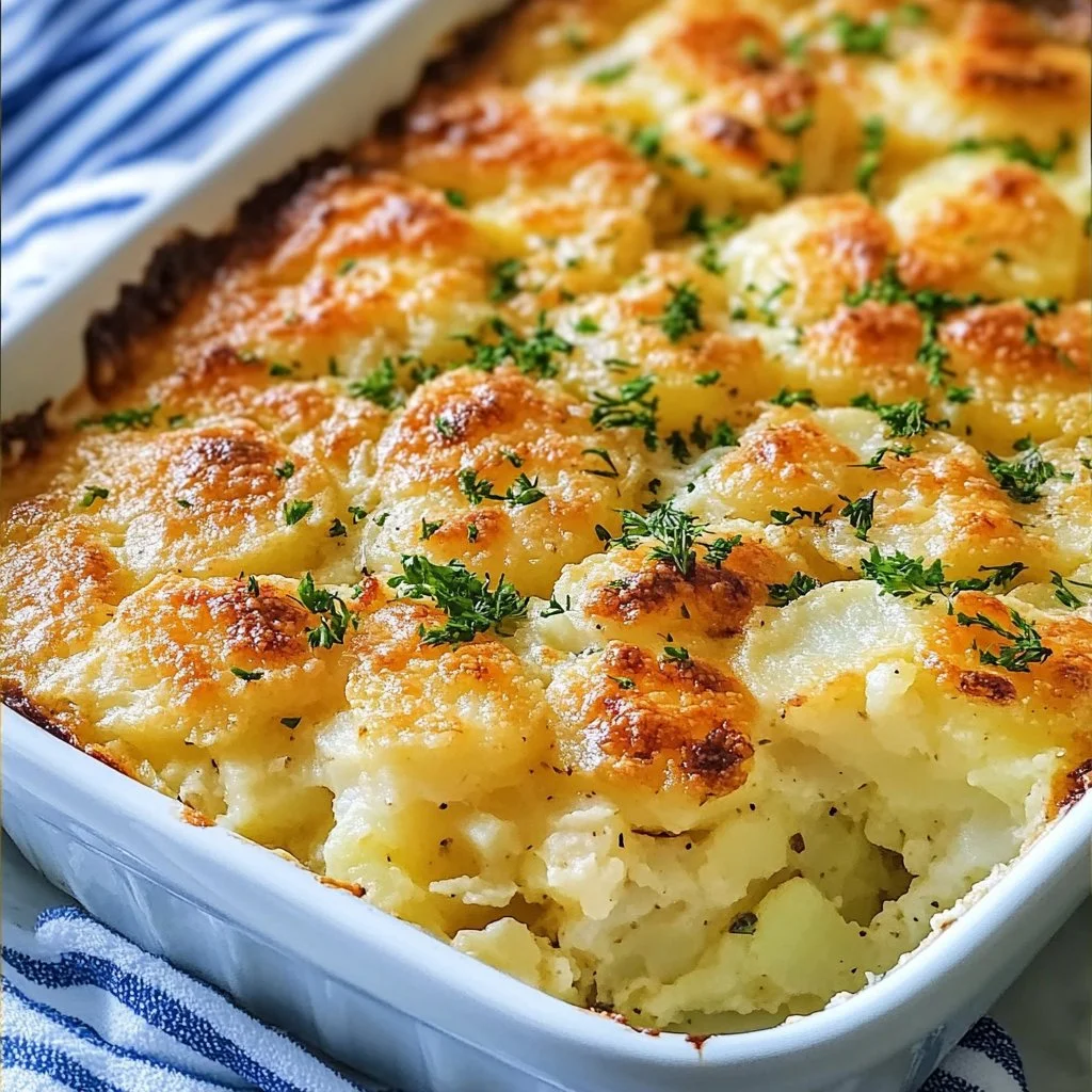 Delicious Twice Baked Potato Casserole topped with cheese and herbs