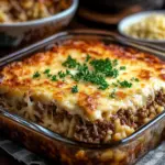 Delicious French Onion Casserole with ground beef and rice in a cheesy topping.