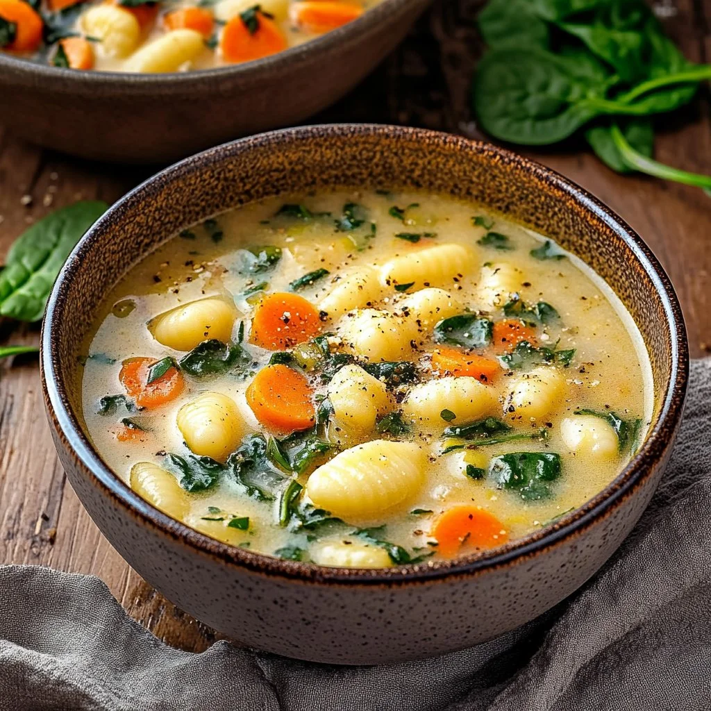 Bowl of vegetarian gnocchi soup with fresh vegetables and herbs