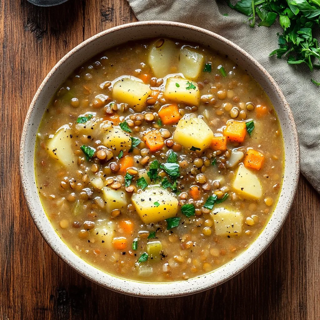 Bowl of delicious vegetarian lentil soup with fresh vegetables and herbs