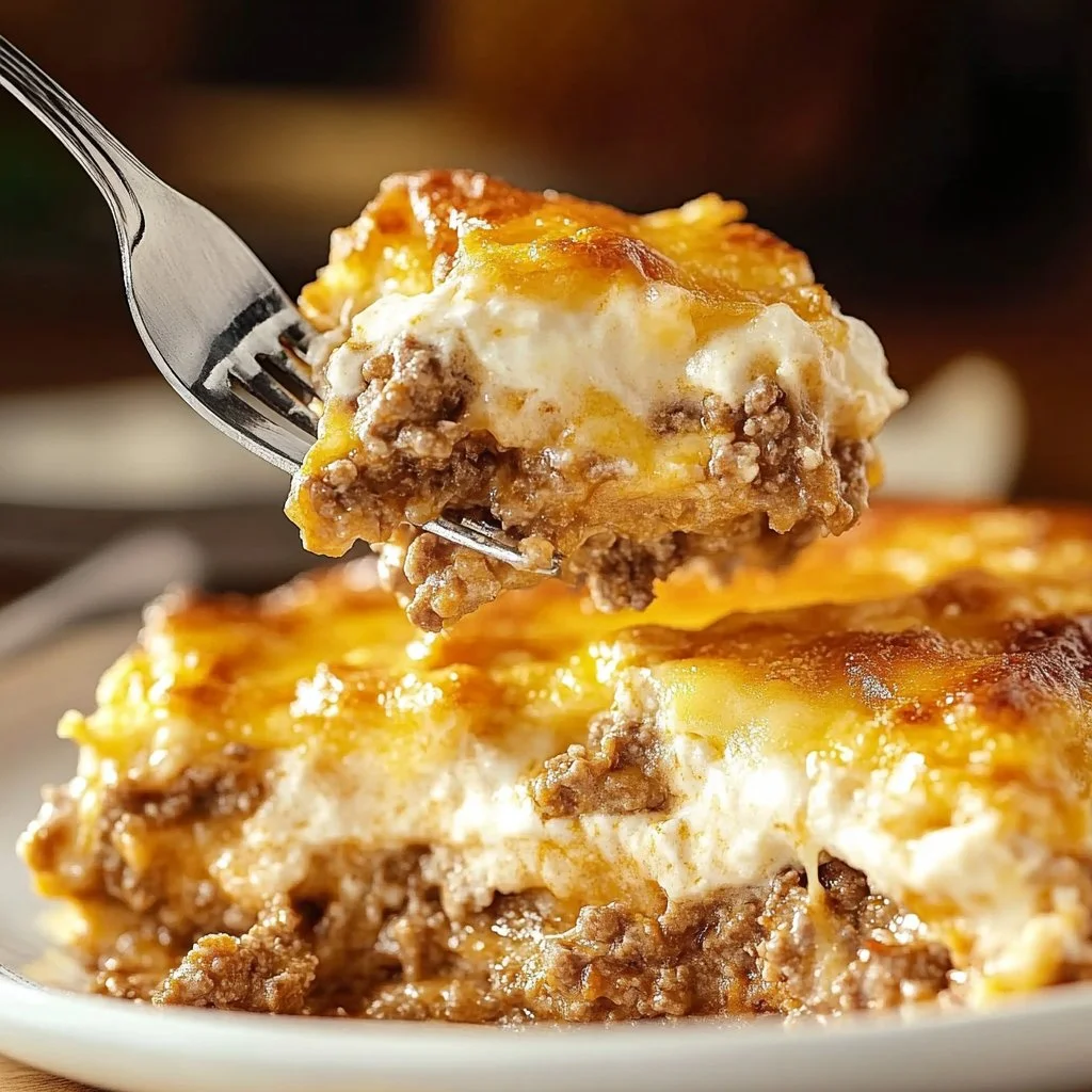 Delicious White Castle Casserole served in a baking dish