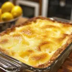 4-Ingredient Lemon Cream Cheese Dump Cake on a plate, garnished with lemon slices.