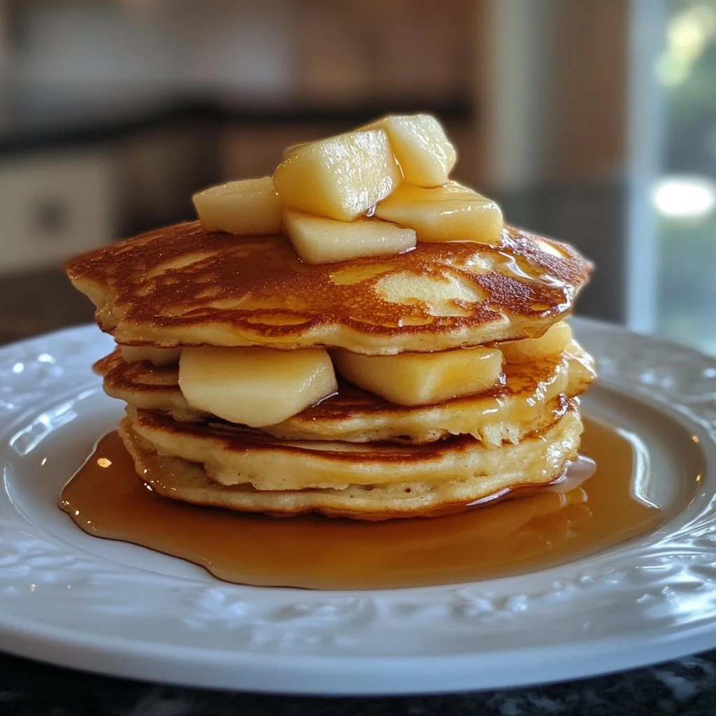 Plate of fluffy Apple Yogurt Pancakes drizzled with syrup and topped with fresh apples.
