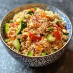 Asian crispy rice salad topped with peanut sesame dressing