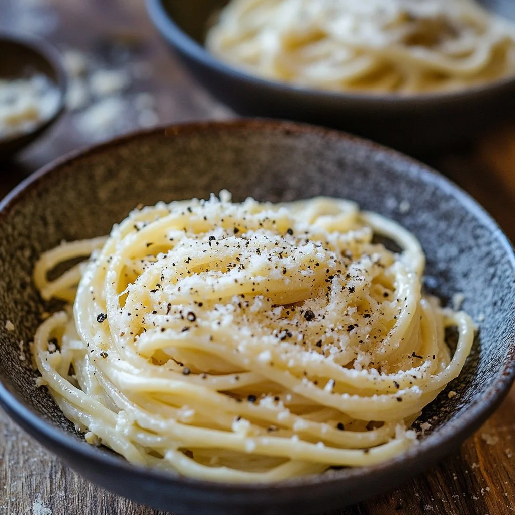 Plate of authentic Cacio e Pepe, a simple Roman pasta dish with cheese and pepper.