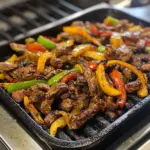 Authentic Mexican steak fajitas grilled on a griddle with vibrant bell peppers.