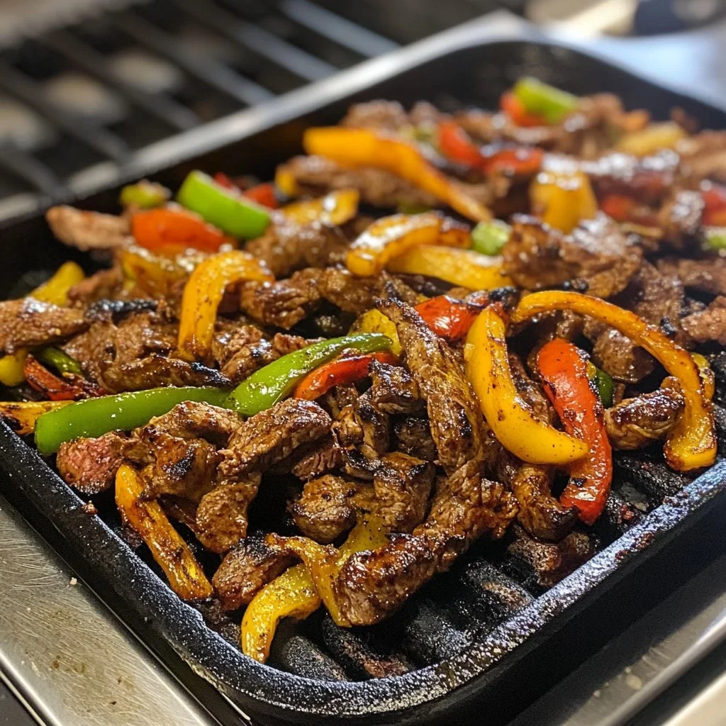 Authentic Mexican steak fajitas grilled on a griddle with vibrant bell peppers.