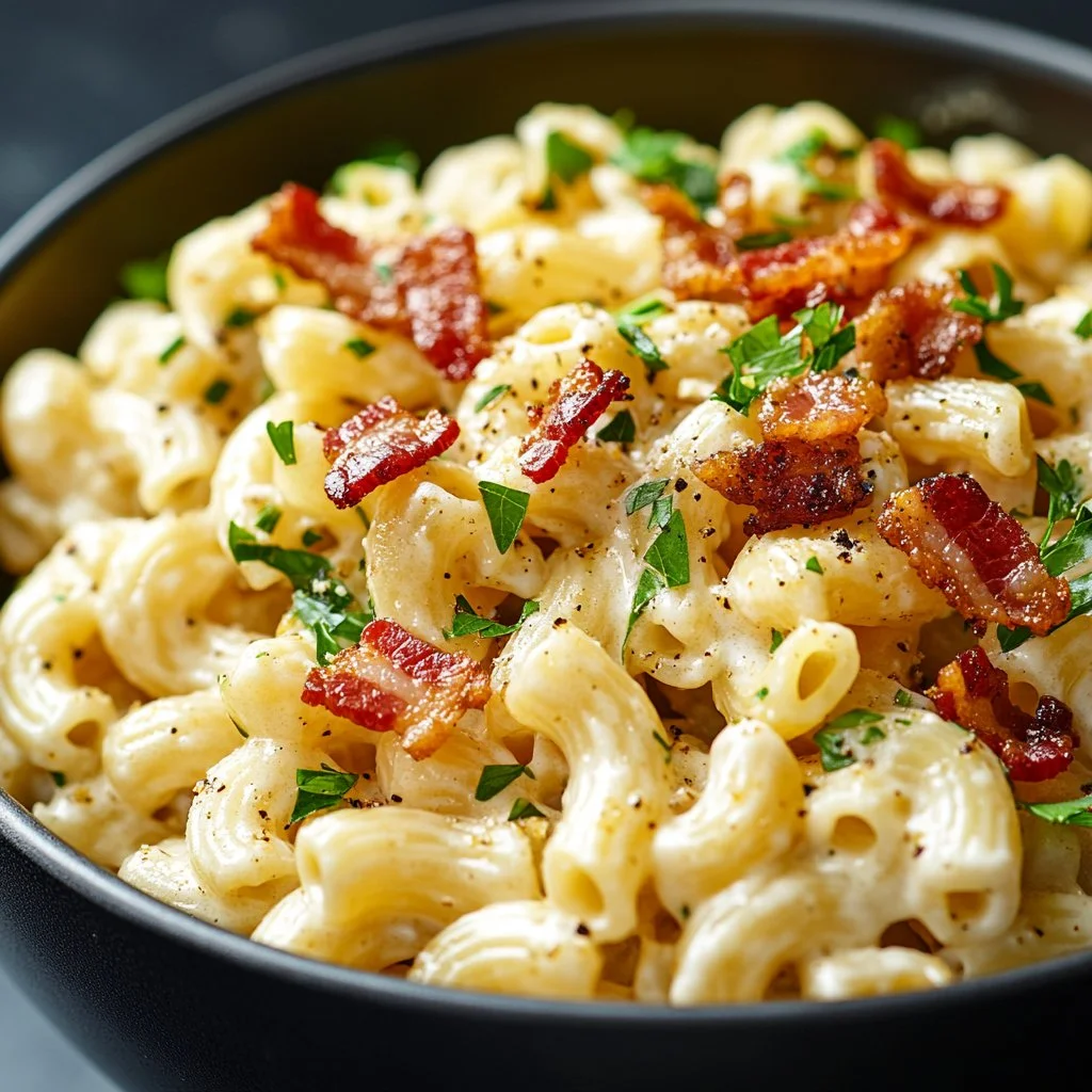 Bacon Cheddar Ranch Pasta Salad with crispy bacon, cheddar cheese, and ranch dressing.