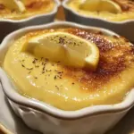 Baked lemon pudding served in a ramekin with lemon zest garnish