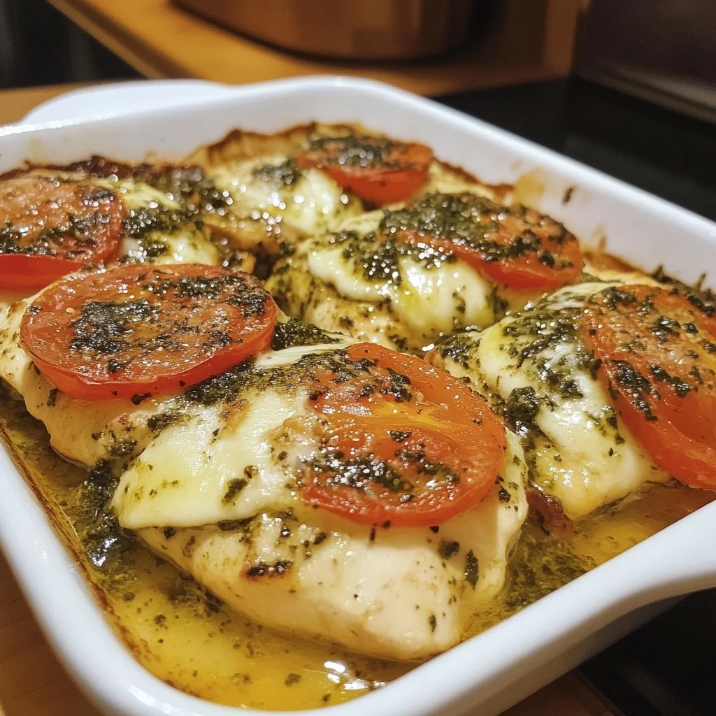 Baked pesto caprese chicken topped with fresh mozzarella and basil