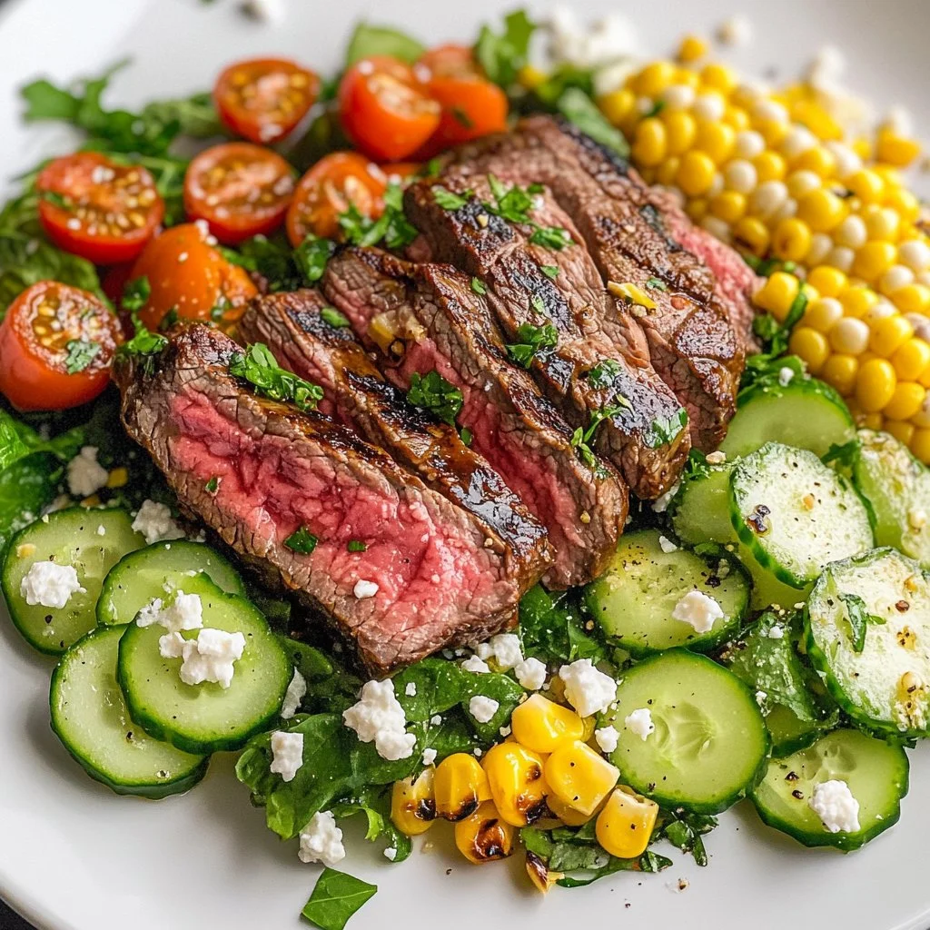 A vibrant balsamic steak salad topped with greens and colorful vegetables.