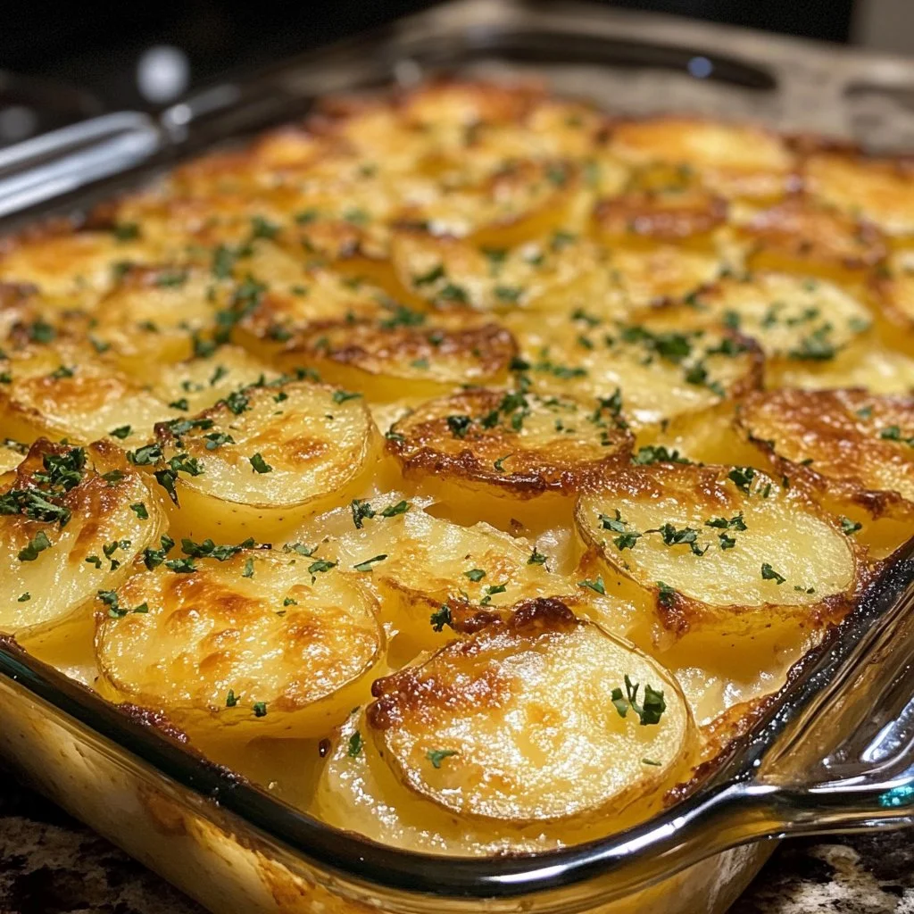 Creamy and cheesy scalloped potatoes baked to perfection