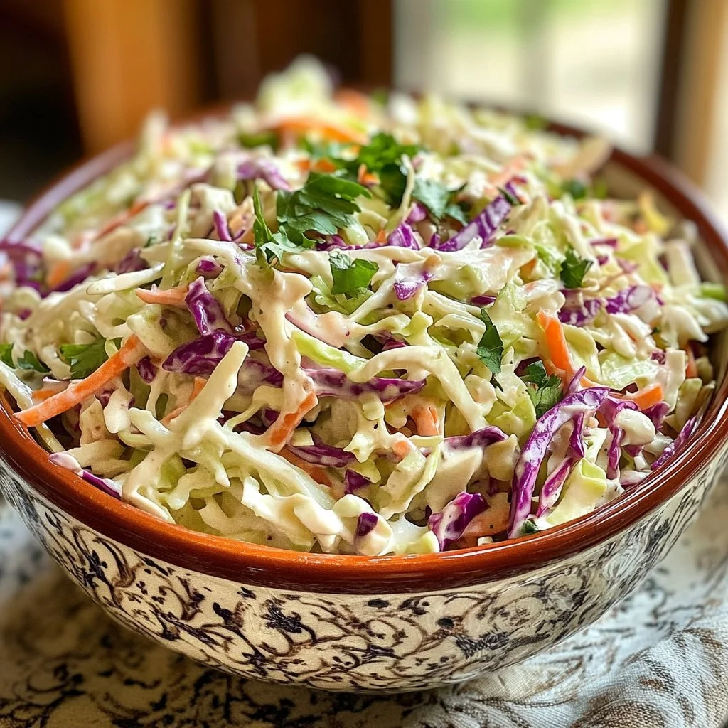 A vibrant bowl of bold flavor-packed coleslaw with fresh vegetables.