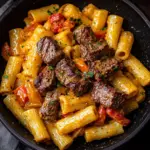 A bowl of Cajun Cheesy Steak Rigatoni garnished with herbs and cheese.