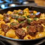Cajun steak bites served with creamy garlic pasta on a plate