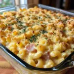 Cheddar and Ham Macaroni Bake served in a dish