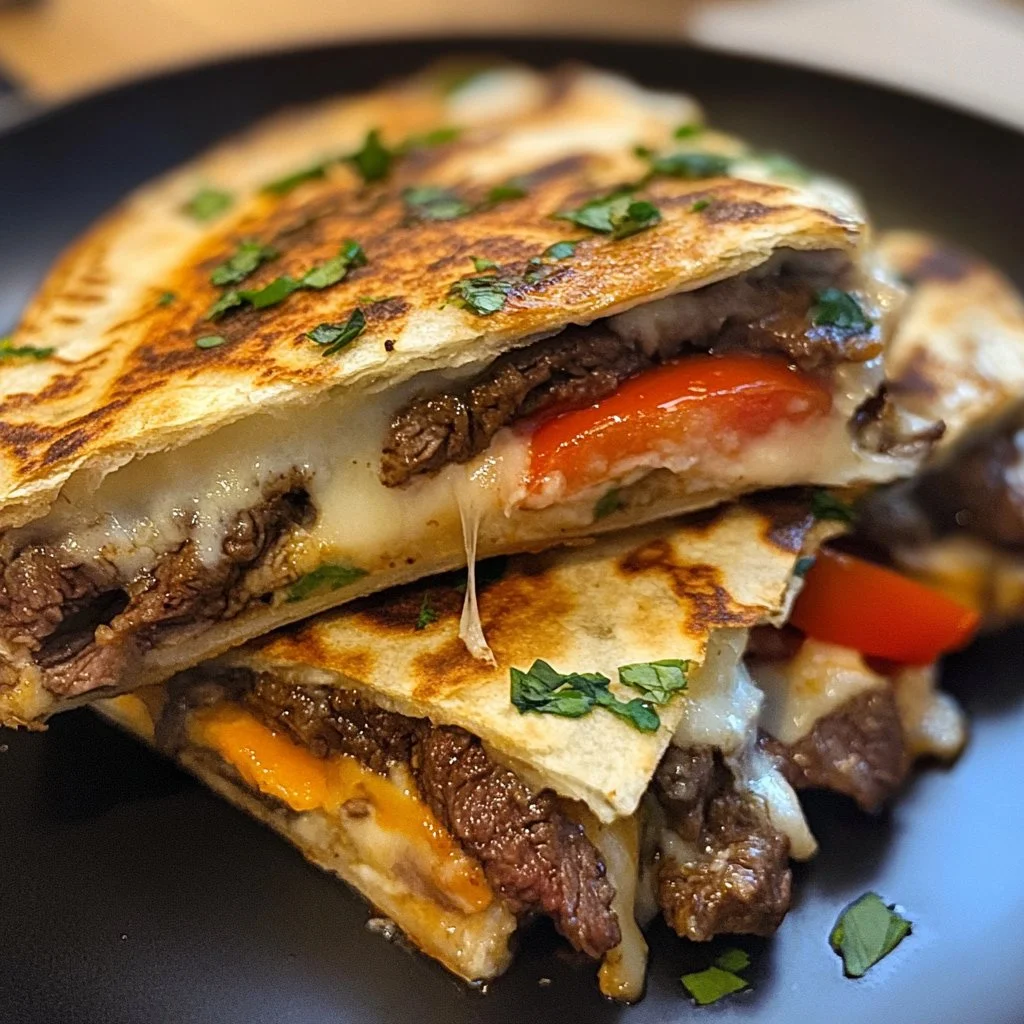 Cheese-Crusted Steak Quesadillas served with Chipotle Lime Mayo