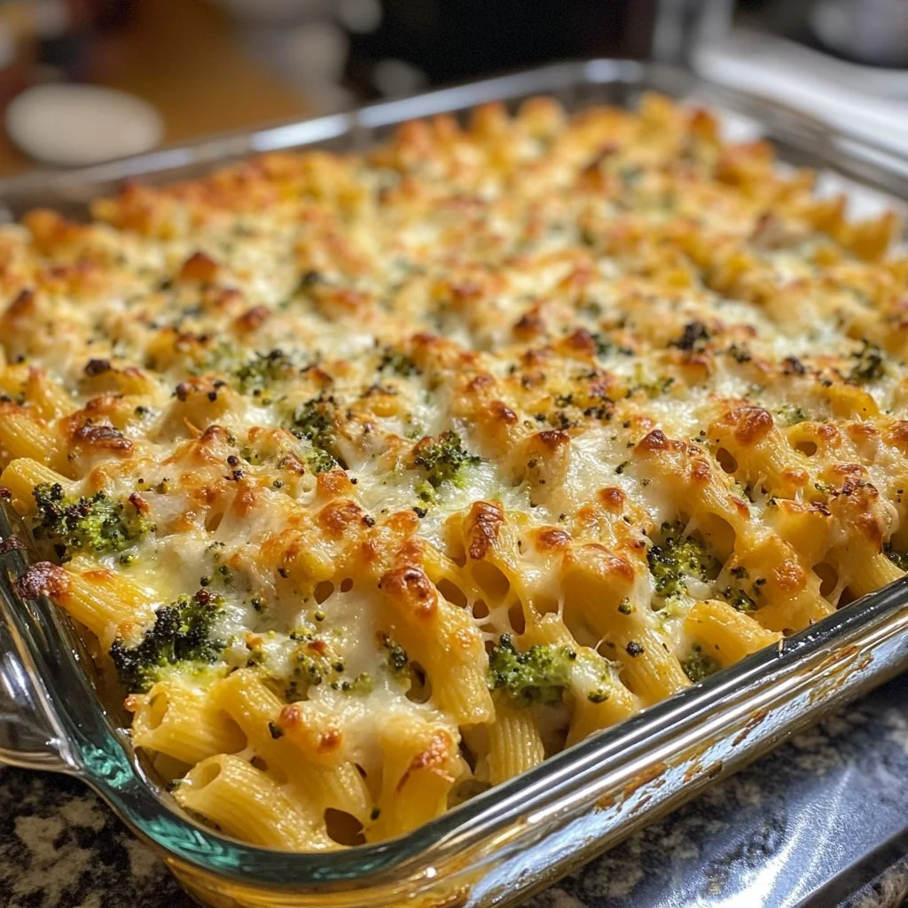 Cheesy broccoli chicken pasta bake served in a casserole dish
