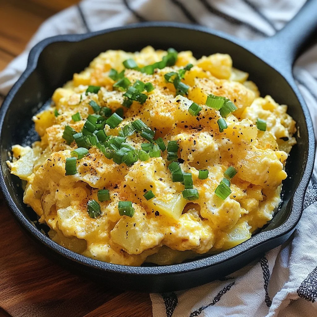 Cheesy potato egg scramble served on a plate, garnished with green onions.
