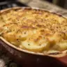 A dish of Cheesy Potatoes Au Gratin topped with melted cheese and herbs.