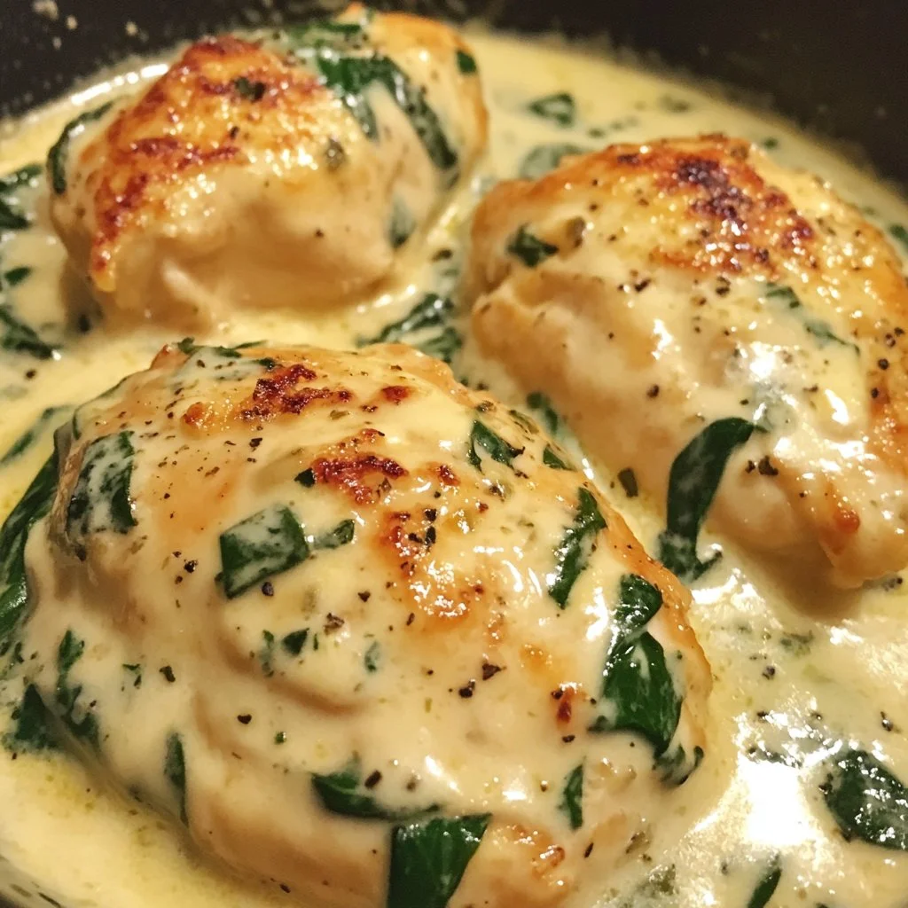 Plate of Chicken Florentine with spinach and creamy sauce